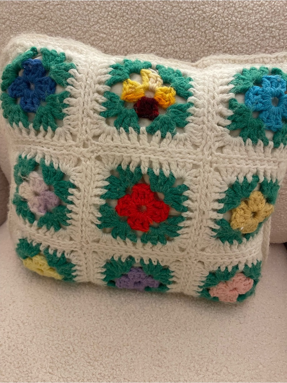 Handmade Multicolor Crochet Square Accent Pillow by